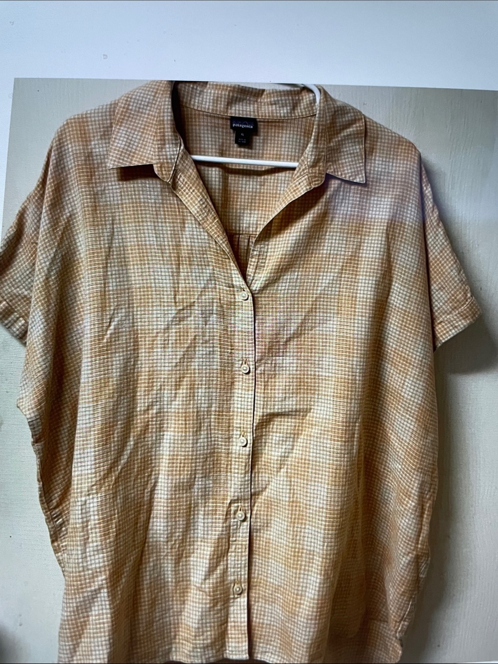 Patagonia Womens Short-Sleeve Button-Down Shirt in Light Tan Check